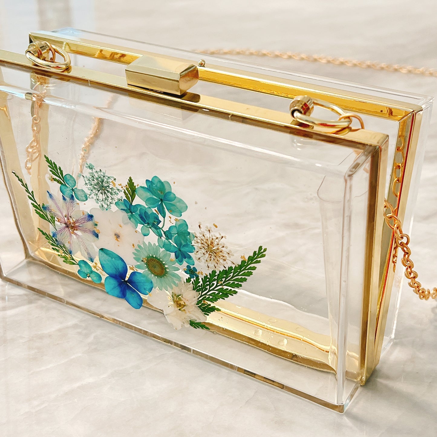 押花手袋(藍色) Pressed flower box with chain (blue)