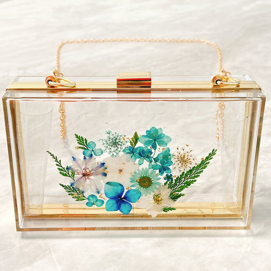 押花手袋(藍色) Pressed flower box with chain (blue)